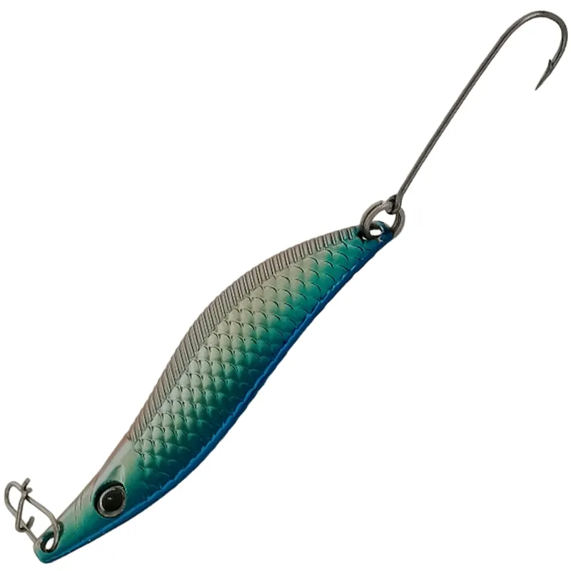 Full view of Aqua Blaze S Curve spoon lure with blue top and silver belly